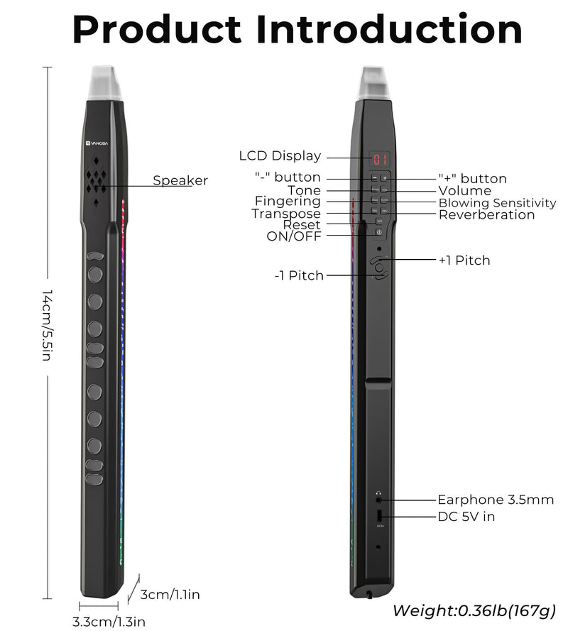 Vangoa Electronic Wind Instrument, S55 Portable Mini Digital Wind Instrument EWI Synthesizer Rechargeable with 13 Tones, 2 Removable Mouthpiece and Earphone for Kids Adults Beginners black