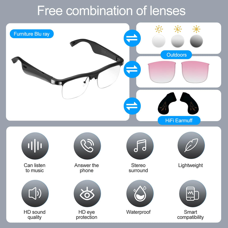 Smart Bluetooth Audio Glasses | 2in1 Photochromic Sunglasses & Blue Light Filtering Lenses | HiFi Earmuff | Gradient Pink Sunglasses Lenses for Men Women [Optional Replacement Lens]