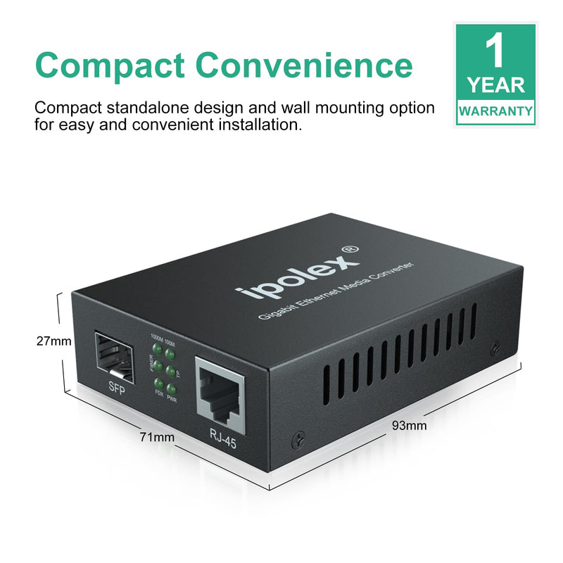 ipolex 1.25G Gigabit Ethernet SFP to RJ45 Fiber Media Converter, 10/100/1000M RJ45 to 1000M SFP Slot, Fiber to Ethernet Converter, Supports 1000BASE-SX/LX LC Transceiver Module x1