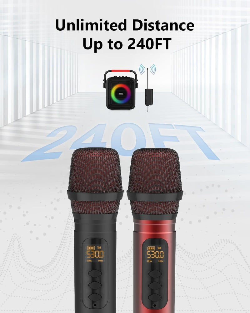 Wireless Microphones, UHF Metal Dual Handheld Cordless Dynamic Karaoke Microphone Wireless, 1/4 "Output for Rechargeable Wireless Microphone,Suitable for Wedding, Party, Speech,Class Use, 240ft