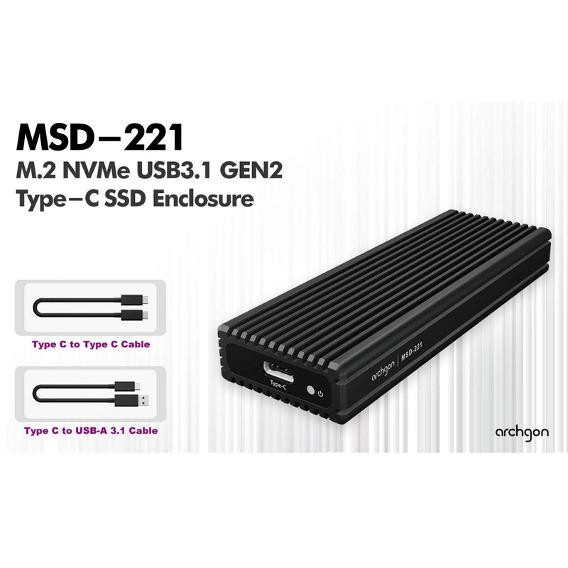 Archgon External SSD Enclosure USB 3.1 Gen.2 NVMe with Both USB-C and USB-A Cables Compatible with M.2 2230/2242/2260/2280 PCIe-Based Solid State Drive Model MSD-221 (Black) Black