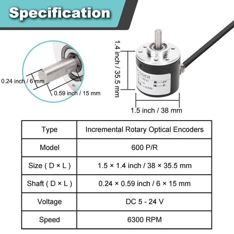 JYUDAUFU Incremental Rotary Encoder, DC 5-24V 600P/R AB 2 Phase Quadrature Optical Encoder, NPN Output with Program Test Accessories, for Radio, Button Module, Wheel Speed Sensor, Mouse Wheel