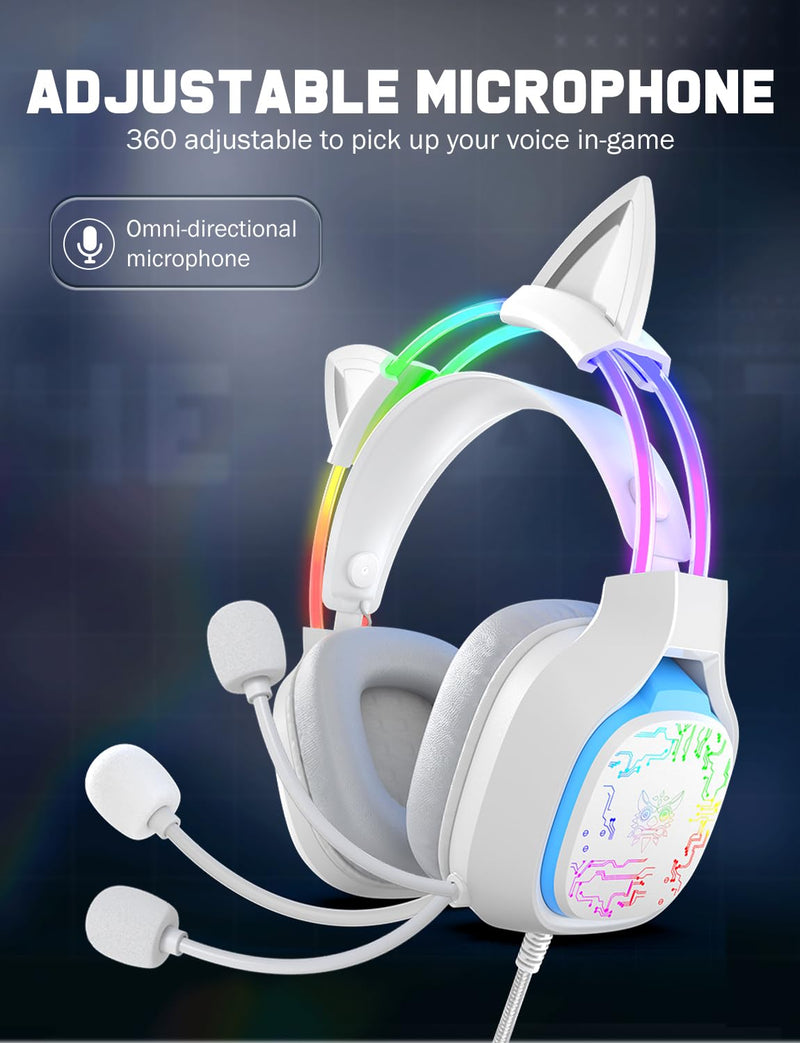Gaming Headset with Microphone, RGB Lights, Detachable Cat Ear, Lightweight Over-Ear Headphones with Adjustable Headband for PC, PS4, PS5, Mac, Switch, Surround Sound, in-Line Control, White
