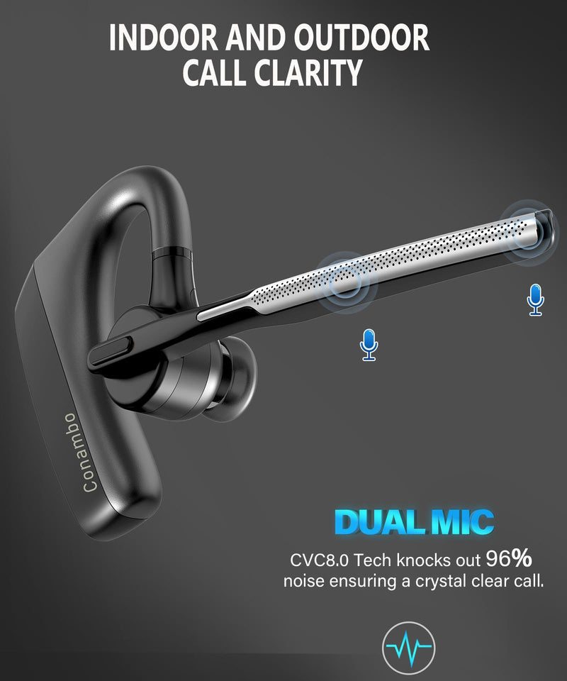 Conambo K18 Wireless Headset Bluetooth V5.1, Bluetooth Earpiece 16 Hrs Talking Time Hands-Free Single Ear Bluetooth Headset with Dual Mic Noise Canceling for Work Trucker iPhone Android Cell Phone