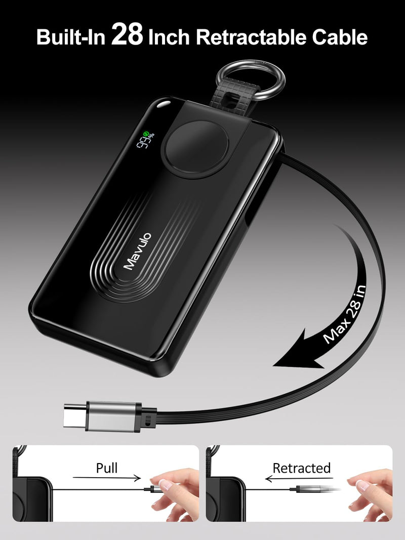 Mavulo Portable Charger for Samsung Galaxy Watch,10000mAh 3 in 1 Power Bank | 20W Fast Charging丨Retractable USB-C Cable丨Keychain Design丨LED display丨Travel Essentials Battery Pack 丨for iPhone 15-17 Series