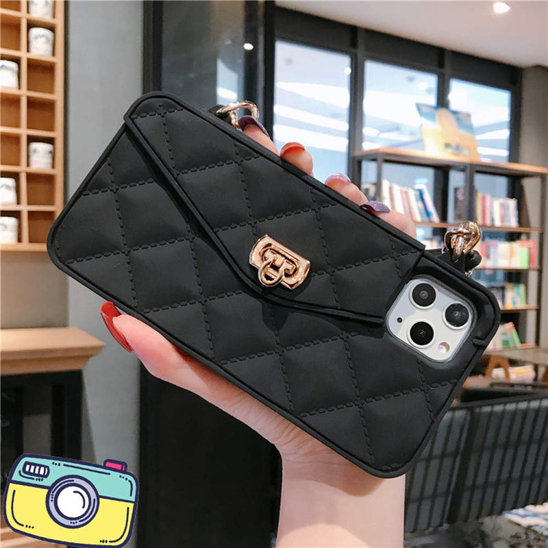 UnnFiko Wallet Case Compatible with iPhone 15 Pro Max, Cute Light Luxury Bag Design, Purse Flip Card Pouch Cover Soft Silicone Case with Handstrap Long Shoulder Strap (Black, iPhone 15 Pro Max) Black