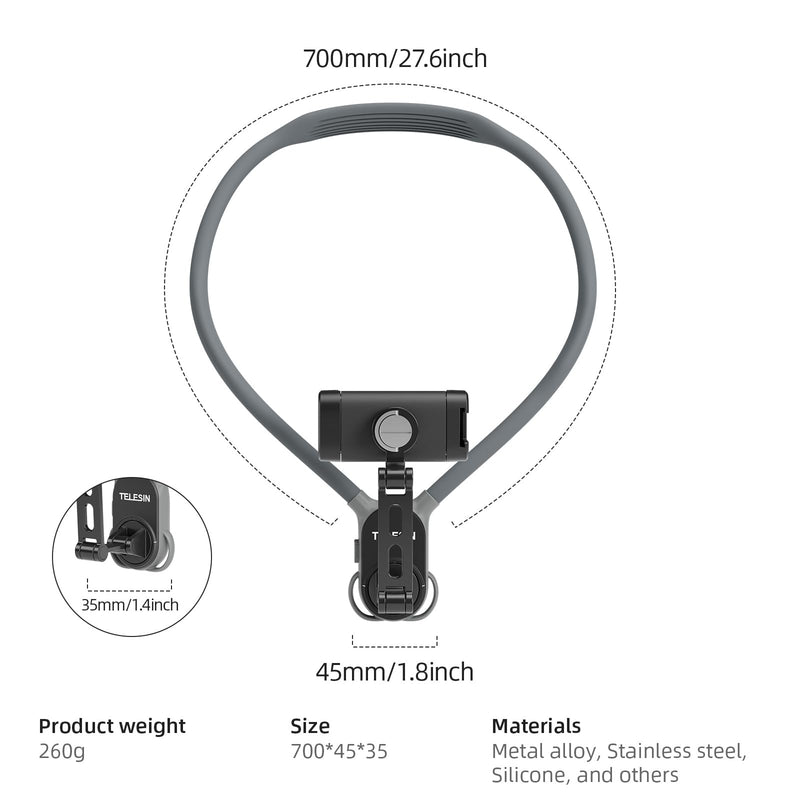 Neck Phone Holder POV/Vlog Neck Mount for Phones with Phone Clip, Hands Free Phone Neck Holder w Chest Strap Neck Selfie Mount Video Recording for iPhone Samsung Google Pixel and All Phones Premium Gray