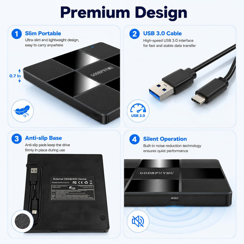External DVD Drive, USB DVD Drive for Laptop Featuring 8-in-1 Hub | with USB-A/Type-C & TF/SD Card Reader – Compatible with Windows 11/10/8/7/XP, Linux, Mac OS – Includes Case + 4 Sleeves 8in1+Zipper bag