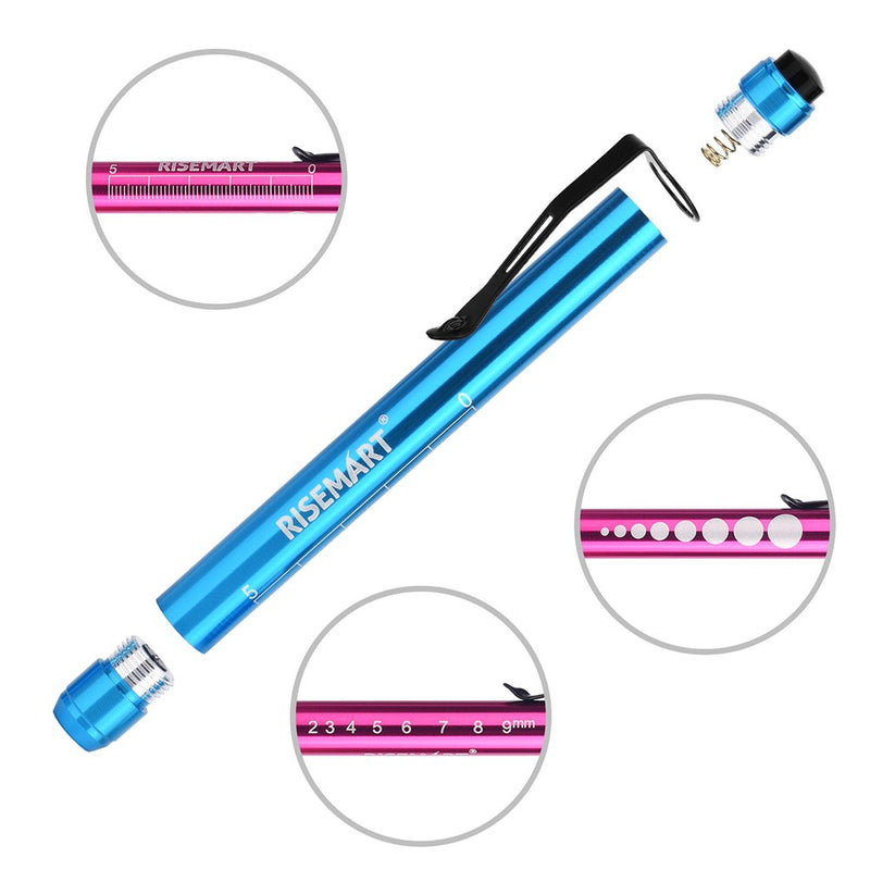 Diagnostic Light Pupil Light, RISEMART Pack of 2 Reusable LED Pen Lamp with Pocket Clip as Nurses Doctors Students Pen Light with 4 Batteries (Red and Blue) Red and Blue