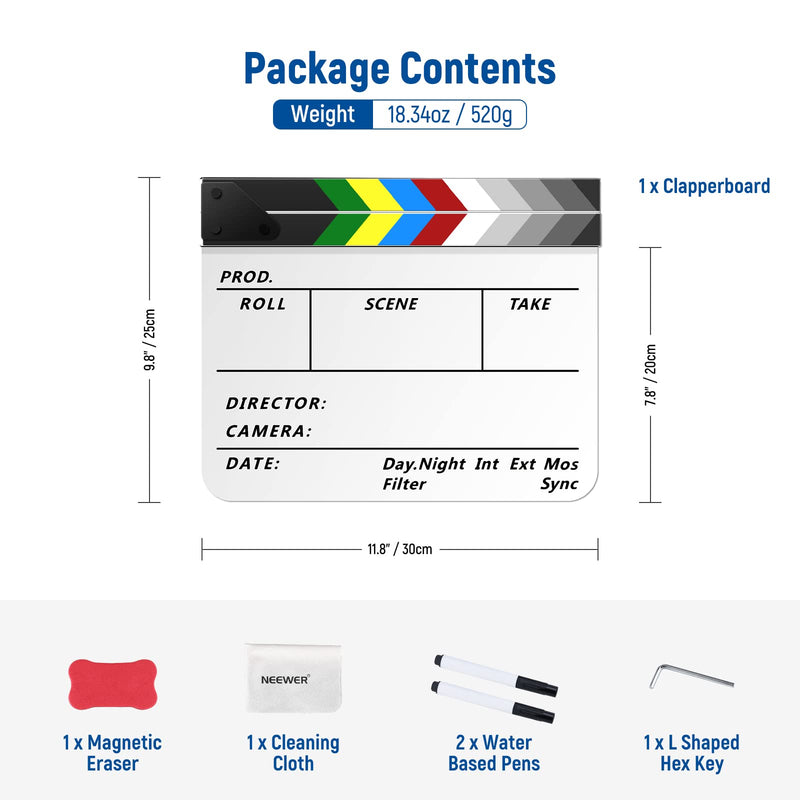 NEEWER Acrylic Film Movie Directors Clapper Board Kit, 12"x10" Plastic Movie Theater Cut Action Scene Clapboard with a Magnetic Eraser, 2 Water Based Pens, a Cleaning Cloth & L Shaped Hex Key (White) White