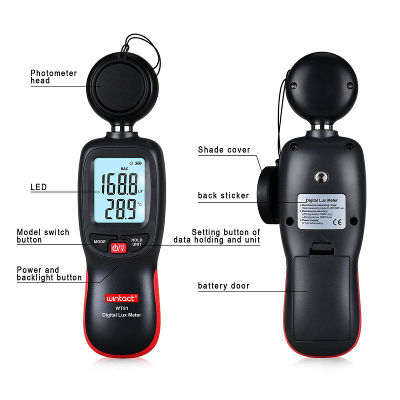 [AUSTRALIA] - Wintact Digital Illuminance Light Meter Handheld with Thermometer Ambient, Lux Meter Range up to 200,000 Lux, Photometer Light Intensity Sense Test for Garden Indoor Plants LED Grow Light, Photography 