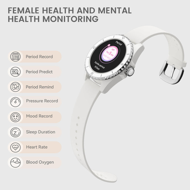 KAVVO Oyster Mini 38mm Bluetooth Smartwatch for Women, 1.1'' Delicate AMOLED Always-On Display, Rotating Bezel, Fitness Tracker with Female Health, Heart Rate Blood Oxygen Monitor(Ceramic White) Ceramic White