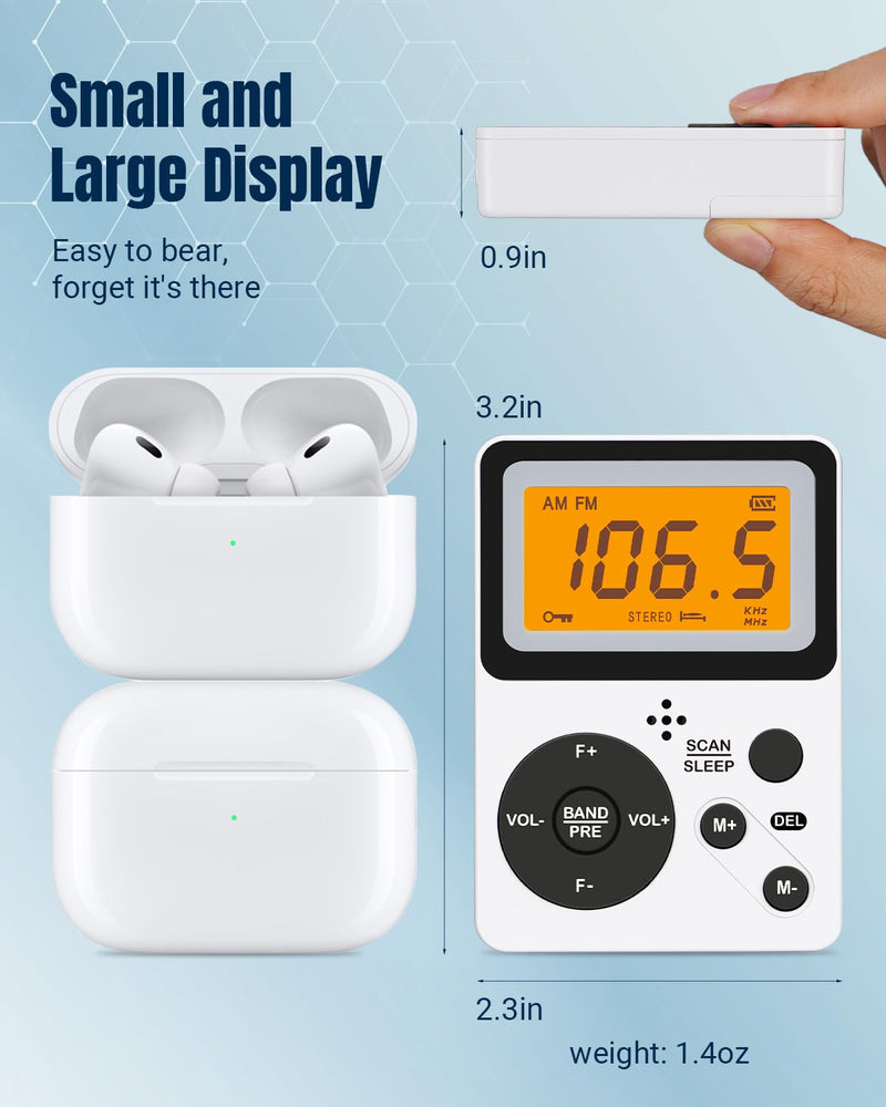 PRUNUS Pocket AM FM Radio Portable with Stereo Earphone, Battery Operated Radio by 2 AAA, Manual Preset, Large Screen, Lock Key Walkman Radio, Sleep Timer, Mini Radio, Digital Radio J-159(No Speaker)