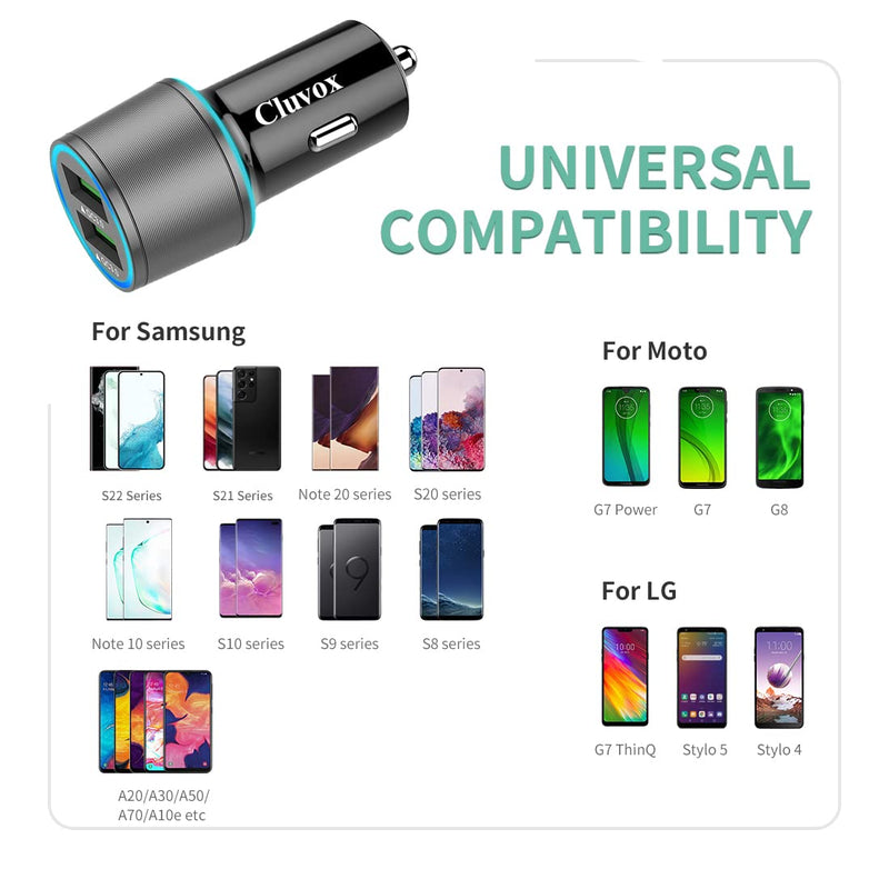 Rapid USB C Car Charger, Compatible for Samsung Galaxy S24/S23/S22/S21/Note 20/Ultra/10/Plus/9/8/S20/S10+/S10e/S9/S8/A50/A70, Quick Charge 3.0 Dual USB 18W Fast Car Charger+ Type C Cable 3.3ft Dark Grey 3.3ft cable