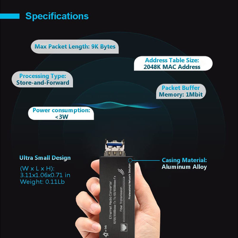 Micro Gigabit Media Converter with 1310/1550nm SMSF 20KM SFP Modules | Micro Mini Size, 10/100/1000Mbps, USB-C 5V Input, 1310nm/1550 SMSF 20km SFP Modules, IP40 Aluminum Case SFP-SMSF-020