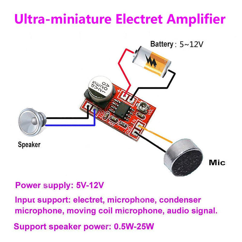 2PCS DC 5V-12V 6V 9V Micro Electret Microphone Amplifier Mini MIC Condenser Microphone Audio Amplifier Board Adjustable Gain 750mW LM386 AMP Module