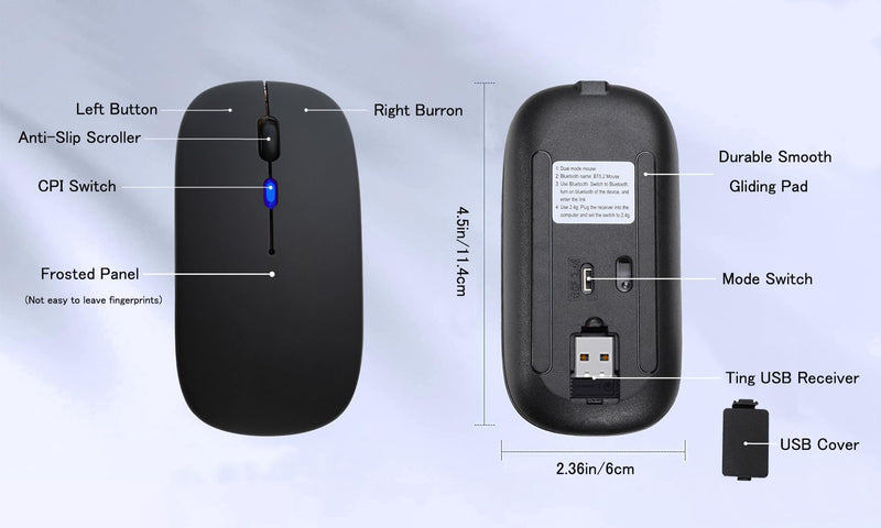 [AUSTRALIA] - Wireless Bluetooth Mouse,LED Rechargeable Laptop Mouse .Portable Office Computer Mice use(BT5.2 and USB 2.4G) Dual Mode Connection,Silent,Slim,for Apple Laptop/ipad Tablet/Mac/PC/phone.(Black) Black 