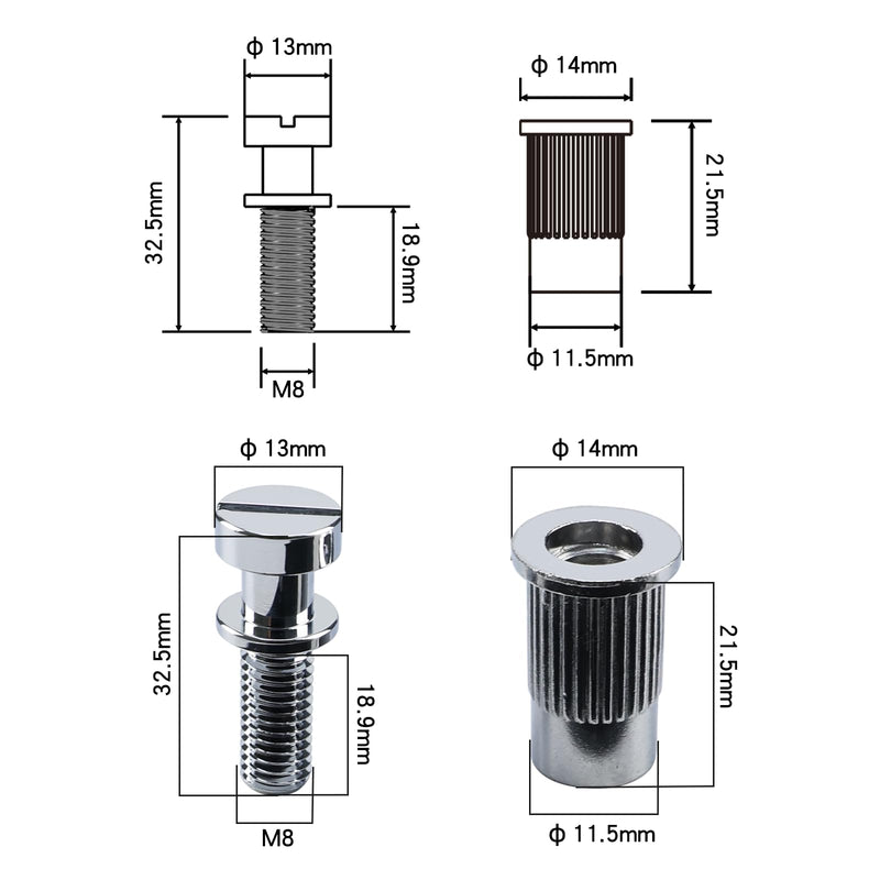 [AUSTRALIA] - Electric Guitar Bridge Tailpiece Studs Anchors M8 Metric Thread Mounting Studs and Inserts Bushings Compatible with Les Paul Lp Ep Style Electric Guitar Bridges Parts Replacement Chrome 