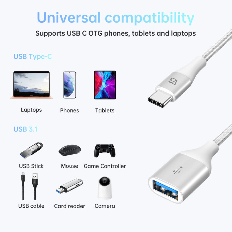 Teleadapt Type C to USB Adapter, 10Gbps USB C to USB A Adapter for Galaxy S20/S10/S9, USB C to USB OTG Cable, USB C Male to USB 3.1 Female OTG Adapter Compatible for New MacBook Pro, iPad Air 2020 White Silver