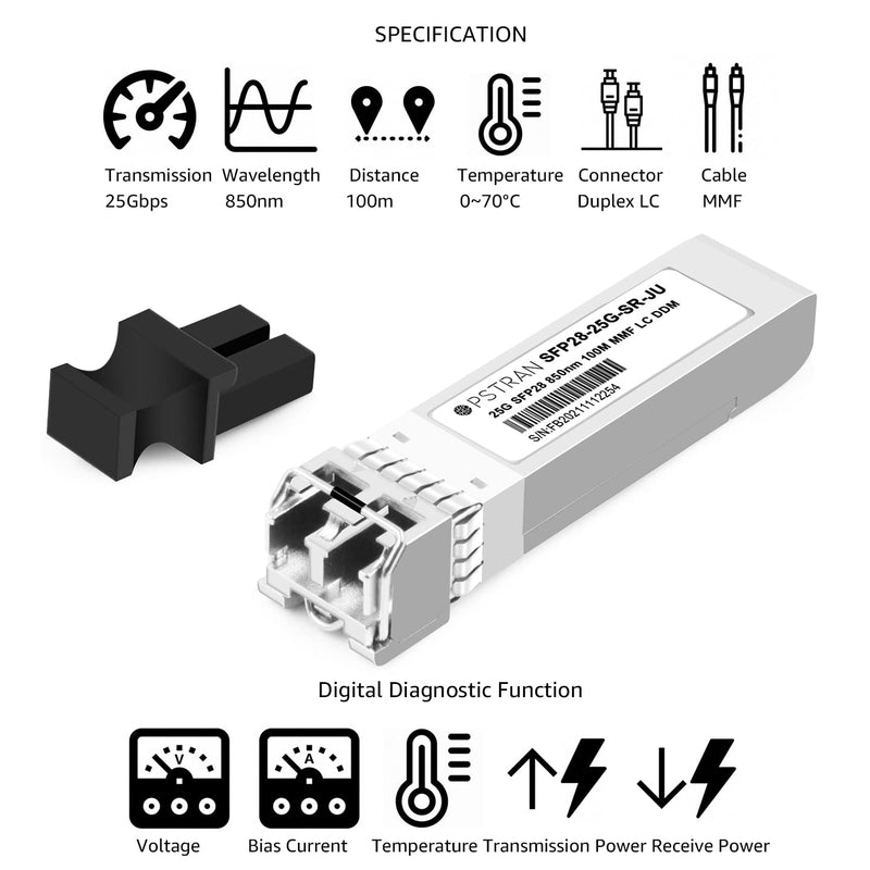 25GBASE-SR SFP28 Optical Transceiver Module Compatible with Juniper QFX-SFP-25G-SR JNP-SFP-25G-SR 25G SFP28 850nm 100m DOM Duplex LC MMF 25GBASE-SR: 100m for Juniper 1