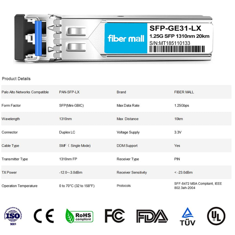 Fiber Mall 1G SFP LX for Palo Alto Networks PAN-SFP-LX 1000BASE-LX/LH SMF 1310nm 20km/10km LC DOM Transceiver Module 1000Base-LX：20km