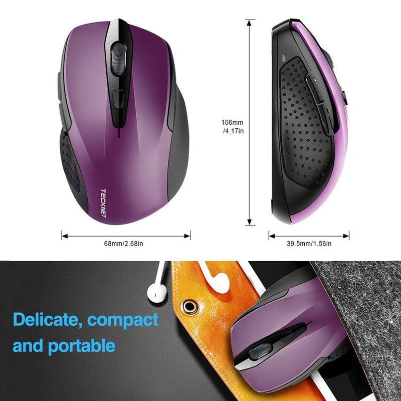 Wireless Mouse, TECKNET Pro 2.4G Ergonomic Wireless Optical Mouse with USB Nano Receiver for Laptop,PC,Computer,Chromebook,Notebook,6 Buttons,24 Months Battery Life, 2600 DPI, 5 Adjustment Levels Purple