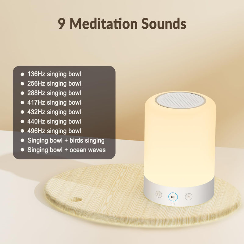 Quietbliss Tibetan Singing Bowl Machine – 9 Authentic Bowl Sounds with Adjustable Night Light for Meditation, Yoga, Chakra Healing, Stress Relief & Sleep Therapy, Timer, Portable & Touch Control
