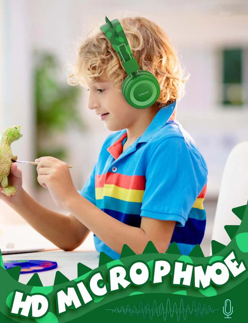 SIMJAR Dinosaur Kids Headphones with Microphone for School, Volume Limiter 85/94dB, Over-Ear Girls Boys Headphones for Kids with Foldable Wired Headphones for iPad/Travel/Tablet Green