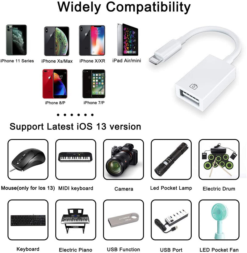 【Apple MFi Certified】 Lightning to USB Camera Adapter for iPhone/iPad, Female USB 3.0 OTG Cable Adapter Support Connect Camera,USB Flash Drive,Card Reader,MIDI Keyboard, Mouse USB to Lightning