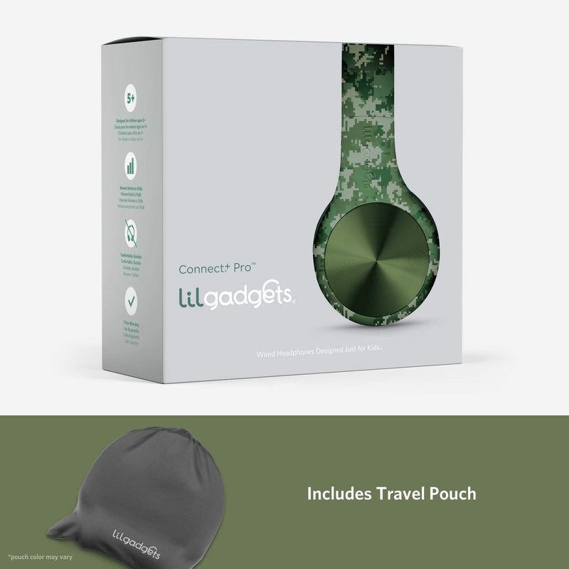 LilGadgets Connect+ Pro Wired Kids Headphones for School with Microphone, Volume Limiting Over-Ear Headset with Cord, SharePort Technology & SoftTouch Padding, Green Digital Camo Printed