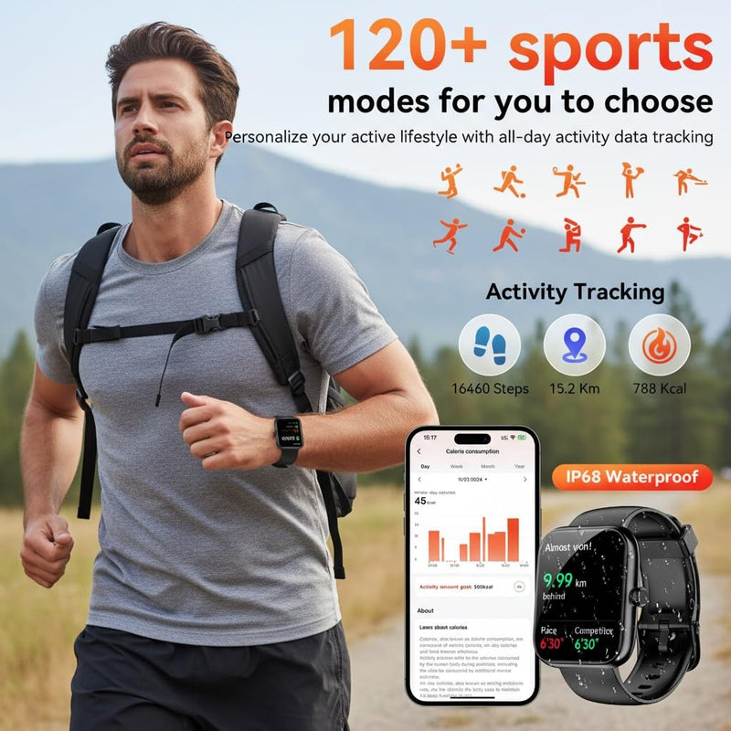 Smart Watch with Alexa Built-in, Bluetooth Calls/Notifications, 1.83" HD Health Fitness Tracker, 24/7 Heart Rate and Sleep Tracking, 120+ Sports Modes, IP68 Waterproof for iPhone and Android (Black)