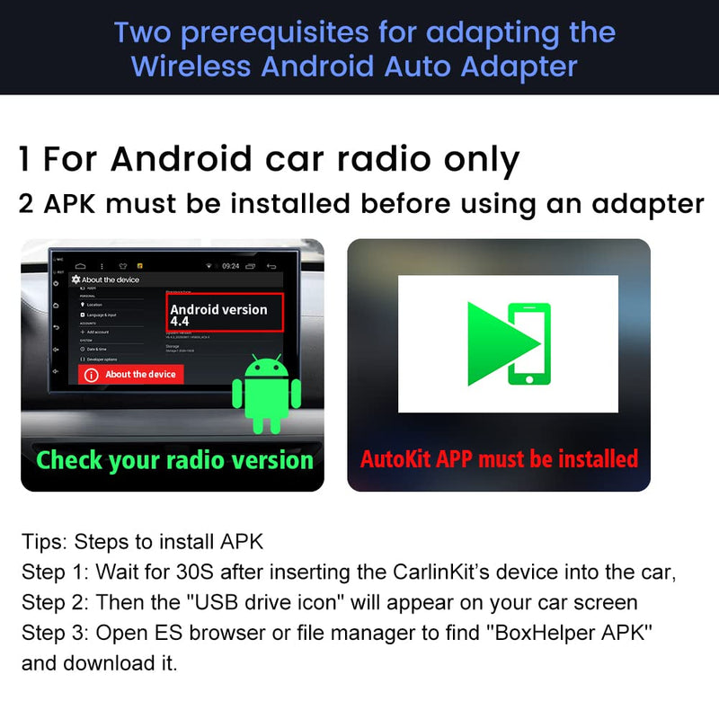 Carlinkit Wireless CarPlay USB Adapter CPC200-CCPA for Android Car Radios | for Android Version 4.4.2 or Above. APK must be installed. Supports screen mirroring. To Wireless CarPlay Android Auto