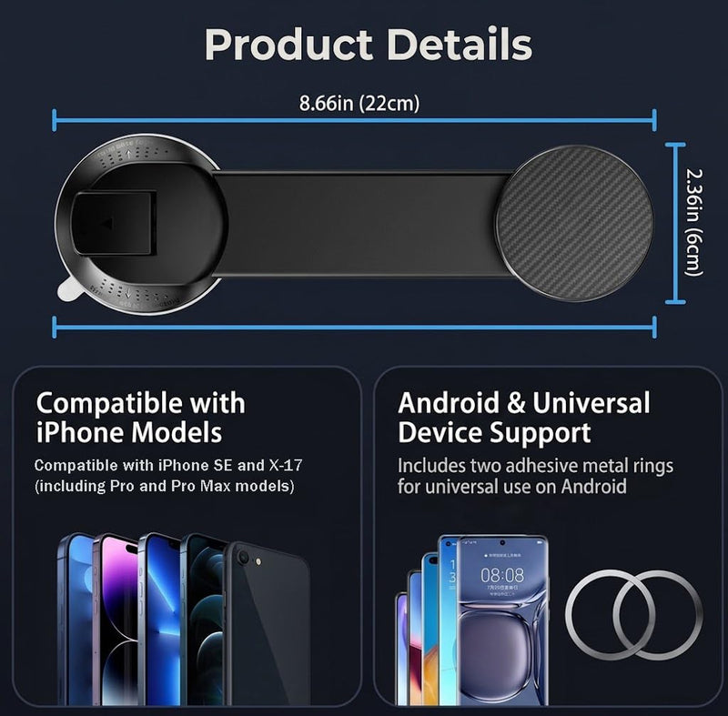 Car Magnetic Phone Holder for Car, Dash Mount with 360° Adjustable Arm, Strong Suction Cup, Universal Cell Phone Cradle for Car