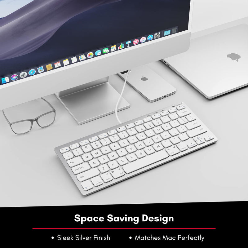 Macally Small Wired Keyboard for Mac and Windows - 78 Scissor Switch Keys Compatible Apple Keyboard - USB Mini Keyboard That Saves Space and Looks Great - Plug and Play Wired Mac Keyboard - Aluminum Silver Aluminum