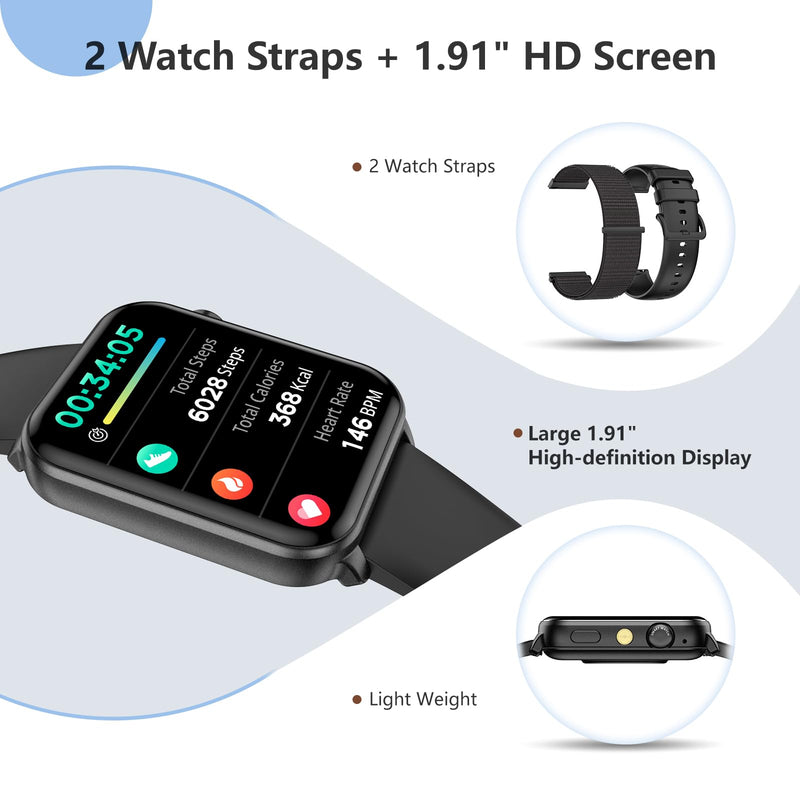 Smart Watch For Men Women,1.91" HD Screen Fitness Tracker With LED Flashlight,100+ Sport Modes Fitness Watch,Fitness Tracker Heart Rate/Sleep/Stress, IP68 Waterproof, Mens Watches For Android/IOS