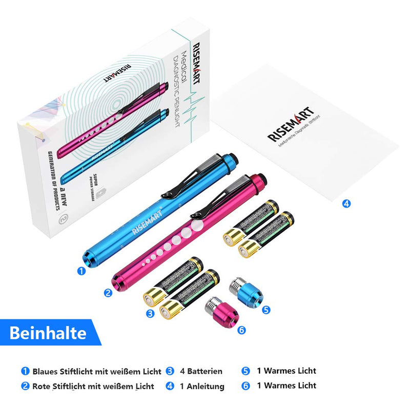 Diagnostic Light Pupil Light, RISEMART Pack of 2 Reusable LED Pen Lamp with Pocket Clip as Nurses Doctors Students Pen Light with 4 Batteries (Red and Blue) Red and Blue