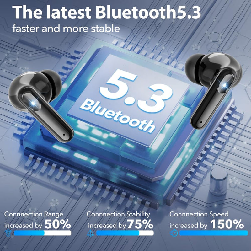 Bluetooth Earbuds Wireless Headphones, 50H Deep Bass Ear Buds with 4 Noise Cancelling Microphone, IPX5 Waterproof Earphones for iPhone Android audifonos inalambricos (Deep Black) Deep black