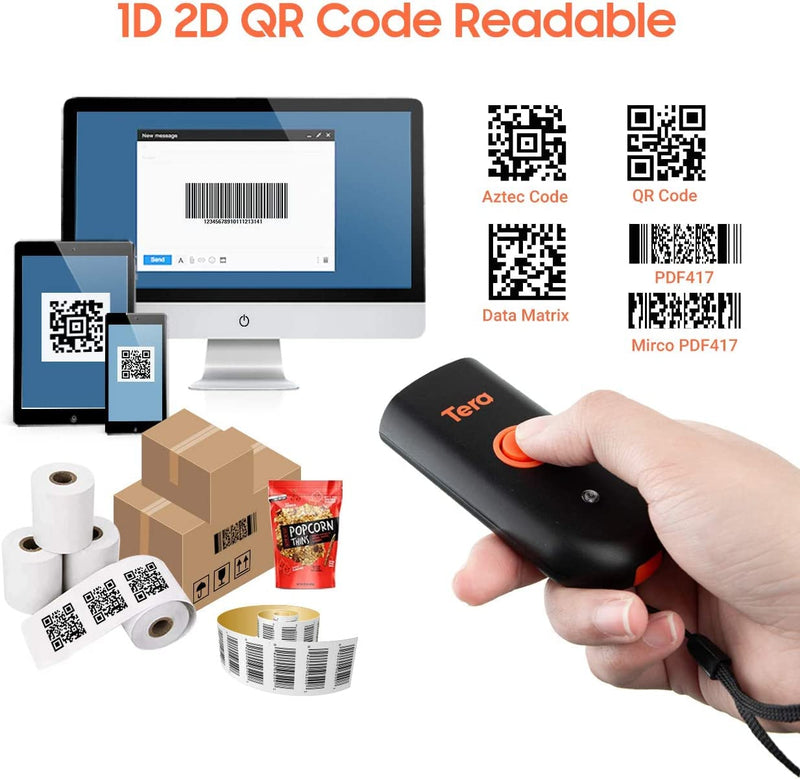 Tera Mini 1D 2D QR Wireless Barcode Scanner, Waterproof Shockproof Pocket Scanner, 3-in-1 BT & USB Wired & 2.4G Bar Code Reader Portable Image Scanner Work with iOS, Windows, Android 1100D 2D Mini Orange