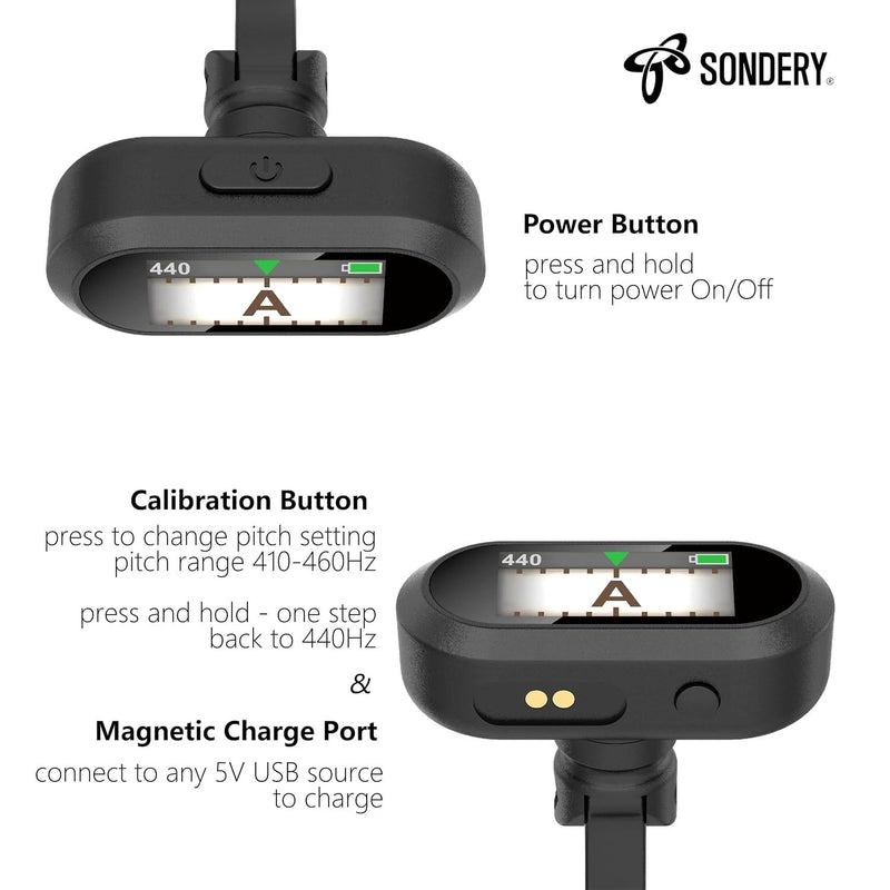 Sondery Guitar Ukulele Tuner Clip On Rechargeable, Easy to Read Simple TFT Screen Extremely Fast and Accurate Tuning, Headstock Chromatic Tuner Pitch 410-460Hz, Perfect for Any Lighting