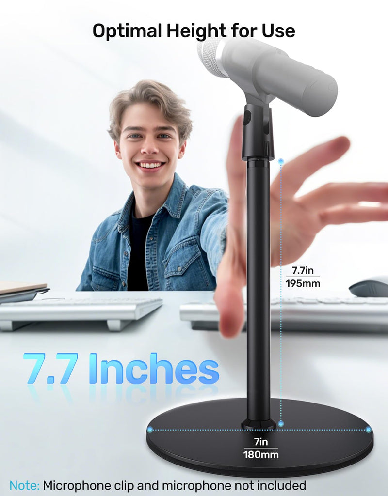 Desktop Microphone Stand, Weighted Base & Wide Compatibility, 3/8" Table Mic Stand with 5/8" and 1/4" Screw Adapters & Cable Ties, Ideal for Multi Microphone Holder, Podium, Podcasts, Meeting