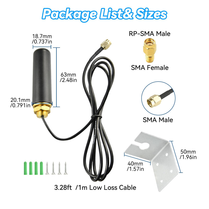 Dual Band WiFi Antenna 2.4Ghz 5Ghz/5.8Ghz Indoor Outdoor Omnidirectional WiFi Antenna 5 dBi Gain SMA Male & RP-SMA Male Connector for WiFi Router Hotspot PCI Card IoT Gateways Security Camera
