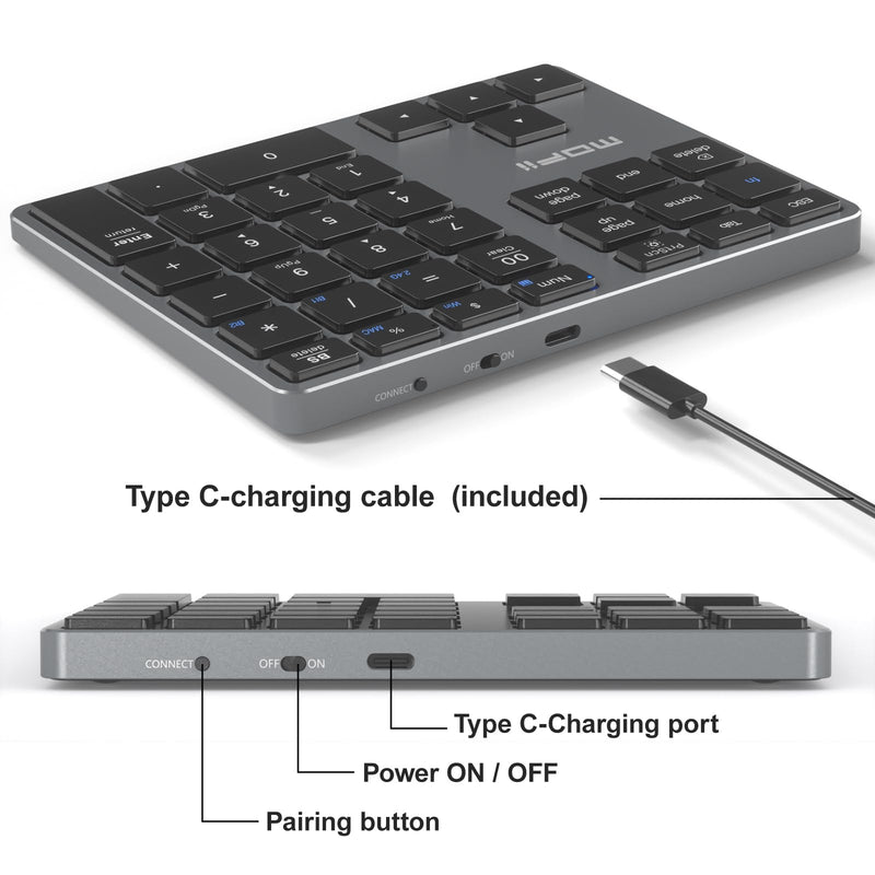MOFII Number Pad for Laptop - Bluetooth Gray Wireless Numeric Keypad 35 Keys USB-C Rechargeable Numpad, Accounting Portable Financial Data 10 Key for Laptop/PC/Desktop/Notebook/Surface Pro Dark grey