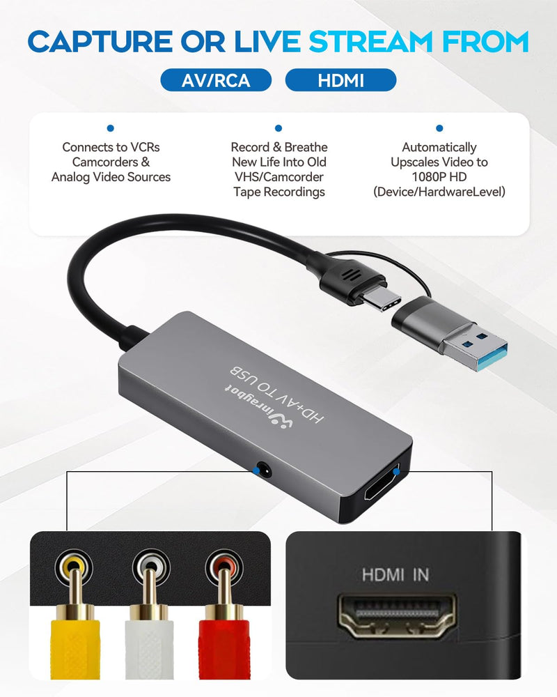 [AUSTRALIA] - VHS to Digital Converter, Video Capture Card for VHS/DVD/HI9/AV/Wii, RCA to USB Converter Analog to Digital Adapter for Saving Old Memories RCA/S-Video/HDMI Input (USB-A+USB-C) USB A+USB C 