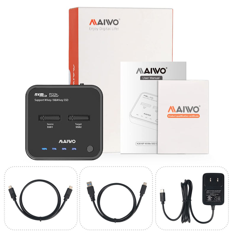 MAIWO NVMe Cloner M.2 Duplicator for PCIe NVMe M Key SSD, USB C to SSD Adapter, Dual Bay Hard Drive Docking Station Reader with UASP, 20Gbps USB C&A Cables, 5V 3A Power