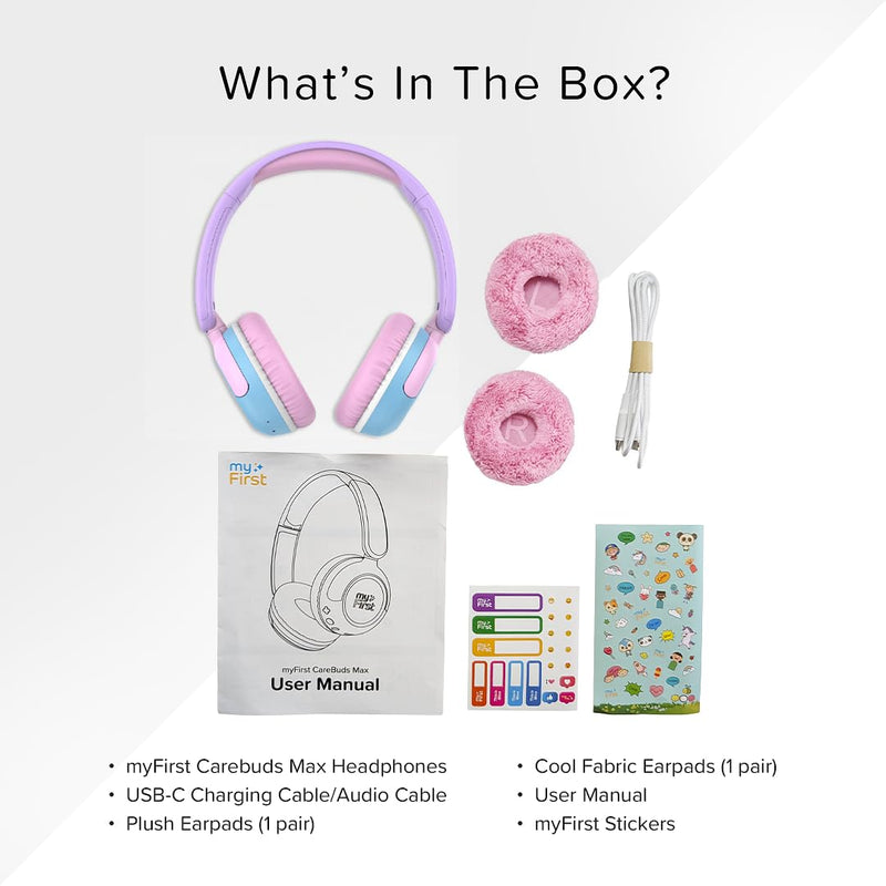 myFirst CareBuds Max Kids Headphones, Wireless & Wired Headphones for Kids | with Mic, Bluetooth, 85/94dB Volume Limit, 52H Playtime, Fast Charge, Dual Audio Sharing, on Ear Toddler Headphones Cotton Candy