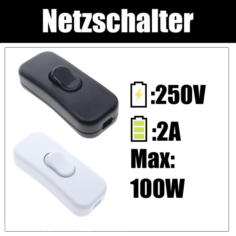 Powice 2 pieces intermediate switch, cord switch, 230 V, cable switch, suitable for 2 and 3-core power cables and small devices or lights toggle switch, (white + black) 2 Stück White+Black