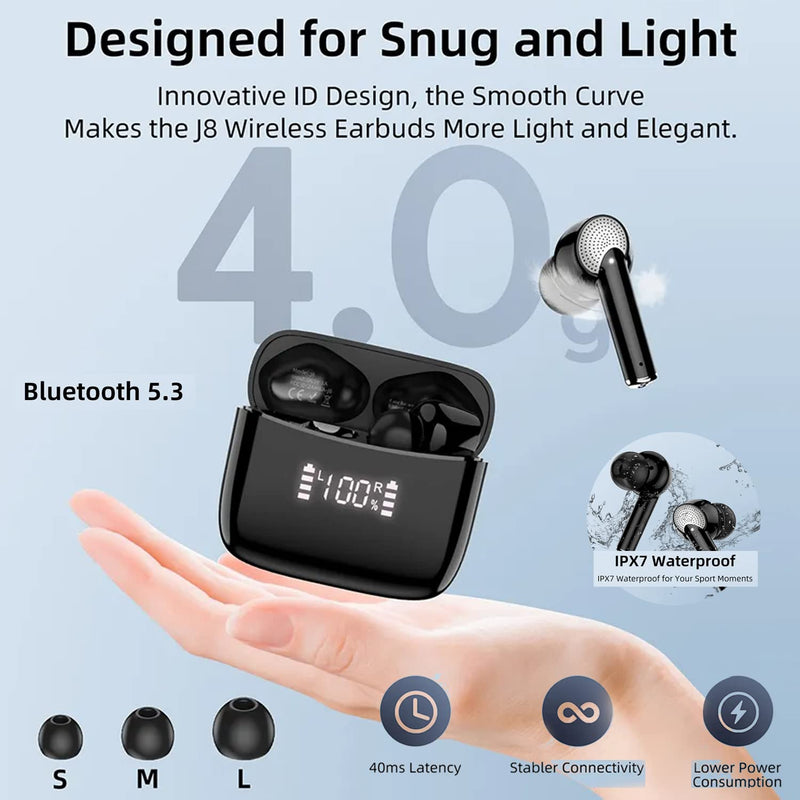 AD J8 Pro ANC+ENC Bluetooth Earbuds 5.3 TWS HiFi Stereo 13mm Wireless Active Noise Cancelling Headphones in Ear LED Display Long Playtime IP7 Waterproof Headset 4 Mics Earphone Touch Control (White) White