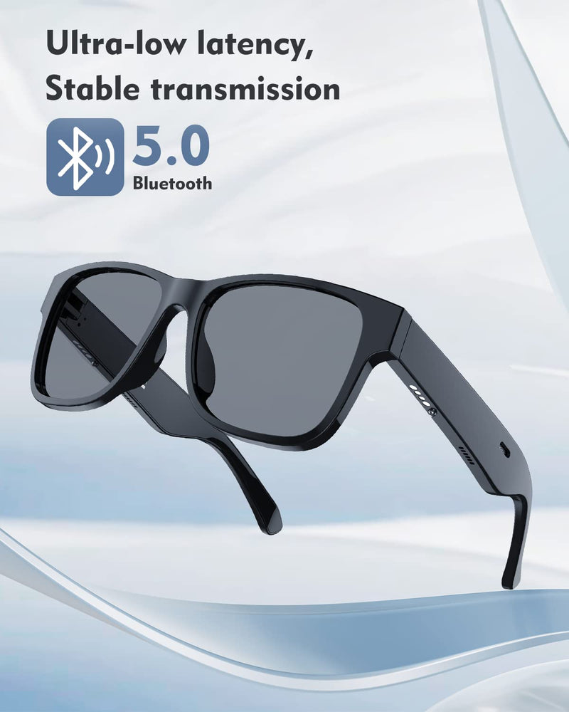 RUIMEN Bluetooth Audio Smart Glasses for Men Women, Smart Sunglasses with Speakers and Mics Open Ear Music Hands-Free Calling, Volume Control, Anti-UV Lens, IP4 Waterproof Classic Black Standard Size