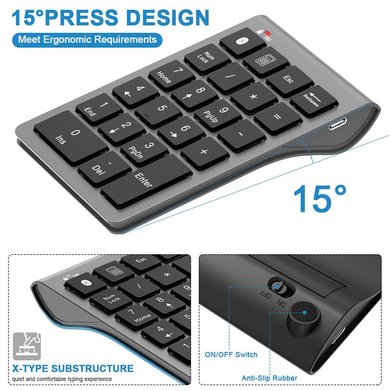 [AUSTRALIA] - Bluetooth Number Pad Wireless & Wired 10 Key USB Keypad Two in One, Rechargeable Numpad for Laptops, Desktop, Computers Accessories Compatible with MacBook iPads ChromeBook EliteBook Notebook etc. Metal Grey 