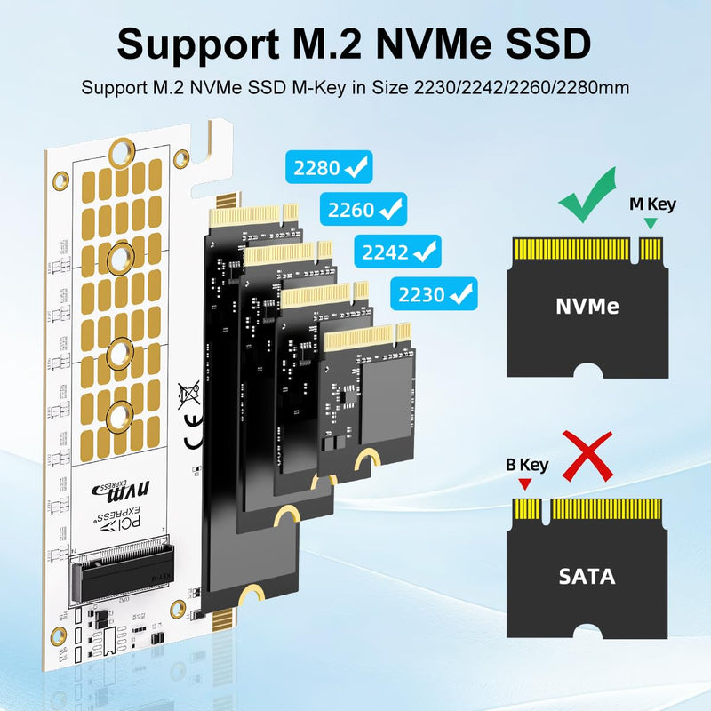 [AUSTRALIA] - NVMe M.2 SSD to PCIe X16/X8/X4 Adapter with Aluminum Heat Sink, M.2 to PCI-Express SSD Expansion Card, Support 4TB 2230 2242 2260 2280mm NVMe Solid State Drive 